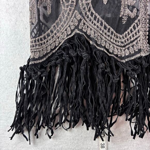 Origami Vivien Kimono Womens OS Embroidered Lace Sheer Boho Gypsy Leather Fringe - Picture 11 of 16